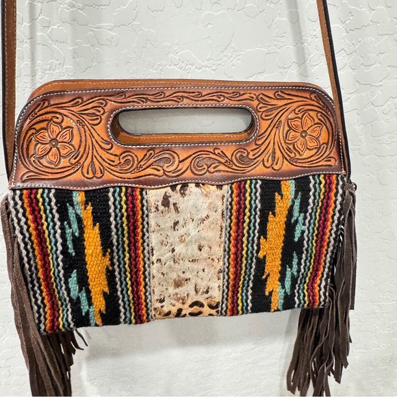 Rafter T Ranch Co Tooled Leather Should Bag Purse Southwestern Aztec Fringed - Picture 8 of 10